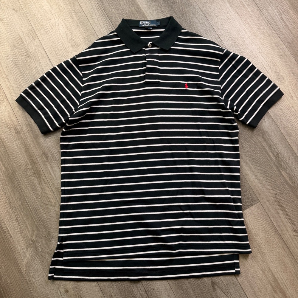 Polo Ralph Lauren Mens L Black White Stripe Polo Shirt Red Pony